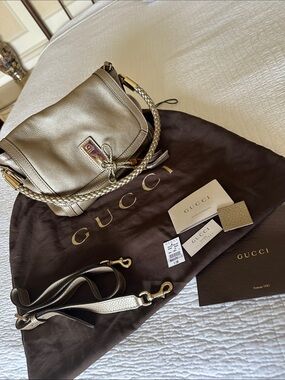 Gucci Metallic Champagne Leather Shoulder Bag with Braided Handle